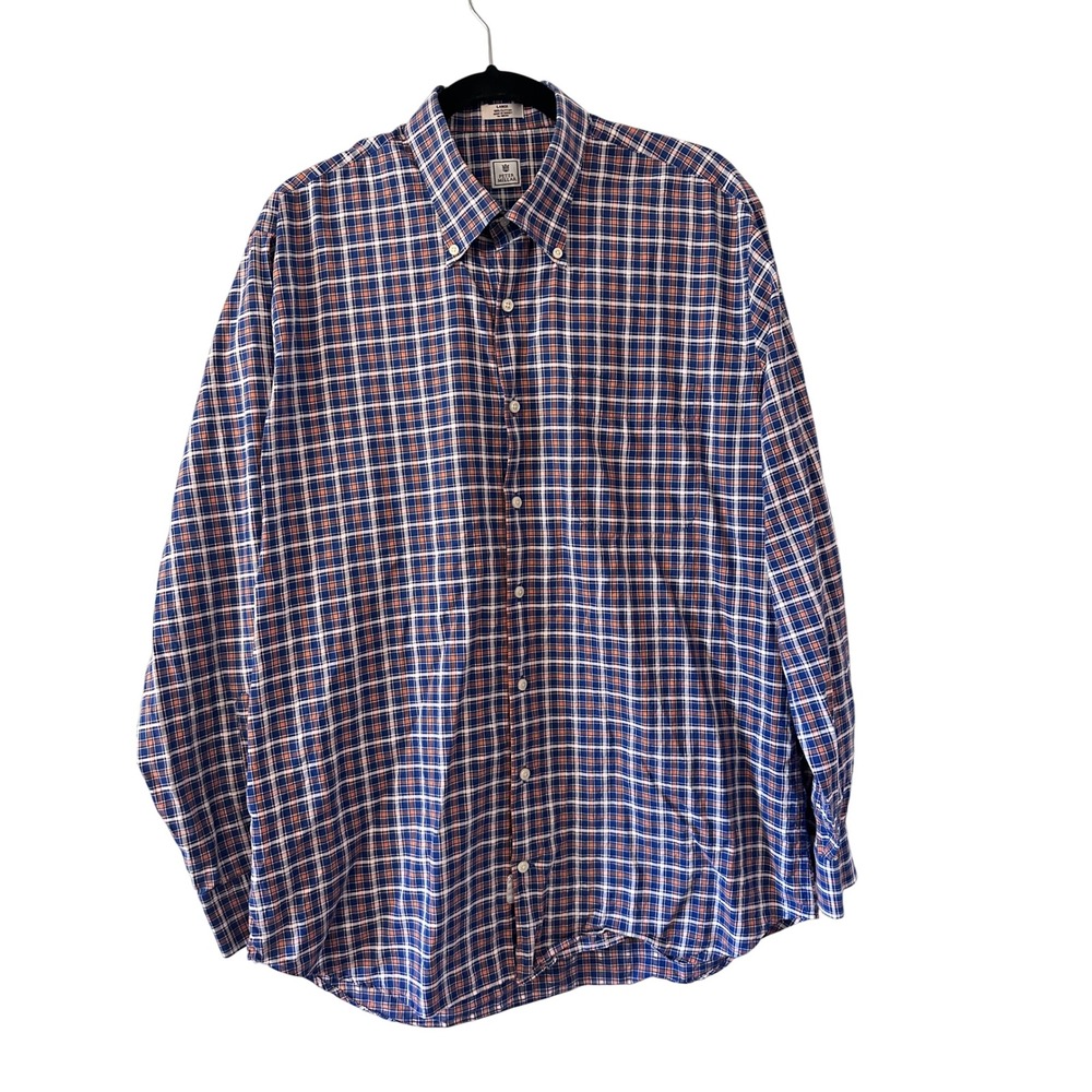 Peter Millar Mens Large Blue Orange Plaid Button Down Long Sleeve Cotton Preppy